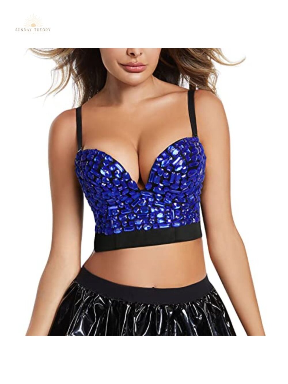 Spaghetti Strap Rhinestone Beaded Bustier Crop Top Bra with Underwire